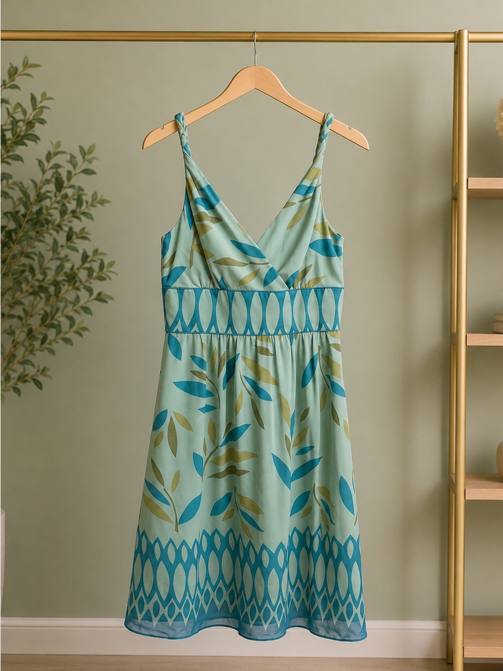 Adrianna Papell Aqua Silk Leaf Print Empire Waist Dress Size 6